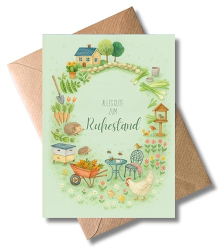 WBdesignz – Ruhestandskarte „Alles Gute zum Ruhestand“ mit Umschlag – Liebevoll illustrierte Abschiedskarte im Gartenmotiv (DIN A6)