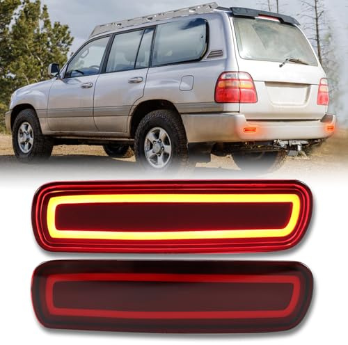 GEEGEETOP Full Lens LED Rear Reflector Bumper Fog Light Assembly kit for Toyota Land Cruiser LC100 1998-2007, for Lexus LX470,Sequential Turn Signal Light & Brake Light & DRL (SMOKED)