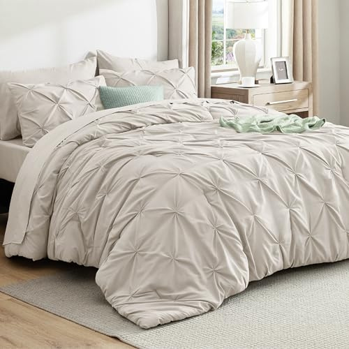 Bedsure Queen Comforter Set Linen - Bed in a Bag Queen Size Bedding 7 Pieces, GentleSoft™ Pintuck Bed Set Gift for Family, All Season Down Alternative Comforter with Sheets, Pillowcases & Shams