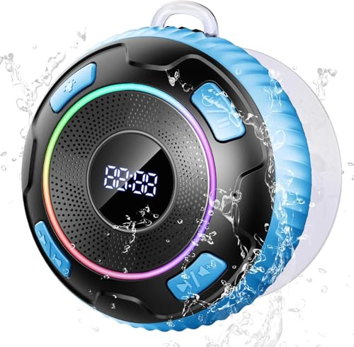 Hupoaf Shower Speaker Bluetooth 5.3, 2025 IP7 Waterproof Speaker, Portable Speaker with Deep Bass, 6D HIFI Stereo, Outdoor Speaker Weatherproof, 10H Playtime, RGB, for Bathroom, Travel, Sky blue