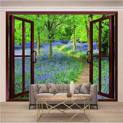 XLMING Fenêtre Forêt Verte Fleur Violette 3D Papier Peint Luxe Décoration Manger Adulte Intérieure Salon Canapé Chambre Fond TV Mur-430cm×300cm