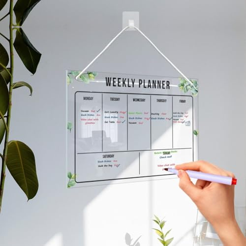 Gettimore Calendario acrílico de 12 x 8 pulgadas, pizarra de planificación mensual de borrado en seco transparente para el hogar, oficina, aula, con 6 marcadores y kit para colgar