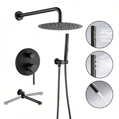 SHUGUANG Colonne de Douche Ensemble de Douche Encastrable avec Rotatif Robinet de Baignoire, 25 x 25cm Ronde Pommeau de Douche Pluie et Douchette 3 Modes, Encastré, Système de Douche Encastrée Noir
