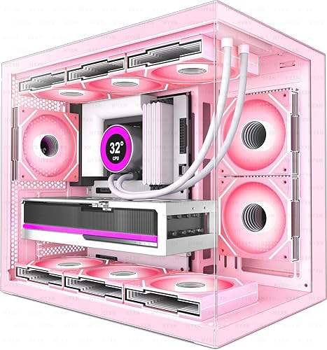 HYXN H3(2026) PC Gehäuse ATX – Vorinstalliert 6 Infinity Mirror PWM ARGB-Lüftern, Kompakter ATX Dual Kammer Mid Tower Gaming PC Gehäuse, 360MM Rad Unterstützung,mit Type-C 3.2 (Rosa)