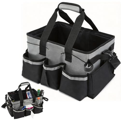 Weciau Cleaning Caddy with Handle, Large Multi-Compartment Cleaning Caddy Bag with Removable Dividers and Shoulder Strap, Wearable Cleaning Bag for Home, Craft, Car, Garden (Grey)