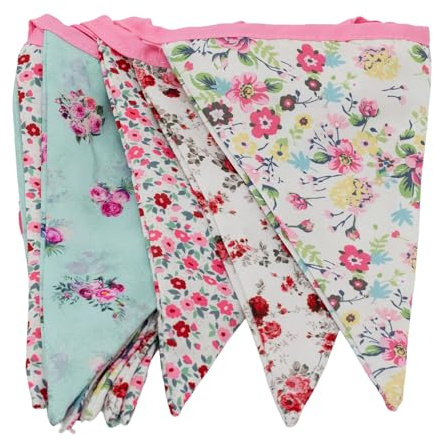 3m Ditzy Floral Fabric Bunting Garland, 12 Double Sided Cotton Pennant Flags Vintage Country Garden Party Decoration