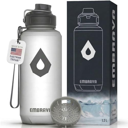 Embrava Wasserflasche groß mit ReiseTragering breiter auslaufsicherer Trinkauslauf robust BPA und BPSfrei TritanKunststoff Sport Camping Fitnessstudio Fitness Outdoor White Frosted 40oz