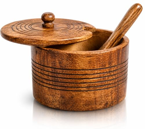 Azucarero decorativo de madera rústica con tapa de boca ancha, tarro de golosinas, tarro de especias, condimentos, frutos secos, sales, especias, hierbas, hojas sueltas, contenedor