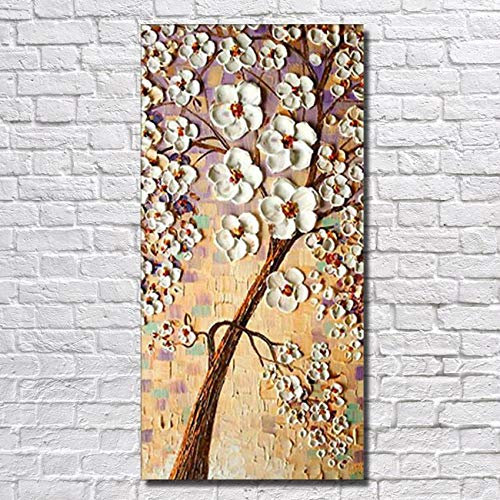 WunM Studio Ölgemälde Auf Leinwand Handgemalt, 3D-Landschaft Spachtel Malerei, Vertikale Weiße Blumen Lucky Tree, Groß Modernen Abstrakten Wall Art Wohnkultur Für Innen Wohnzimmer Schlafzimmer Büro