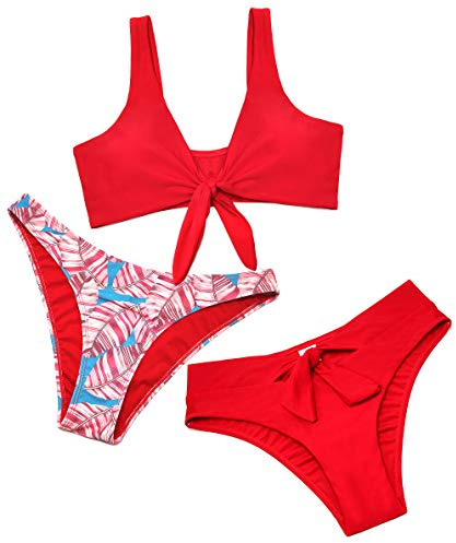 SHEKINI Costume da Bagno Donna Due Pezzi Sportivo Stile Gilet Regolabili Ties-Up Bikini Top con A Vita Alta Fondo Bikini da Spiaggia o Vita Bassa Bikini Fondo (Rosso, L)