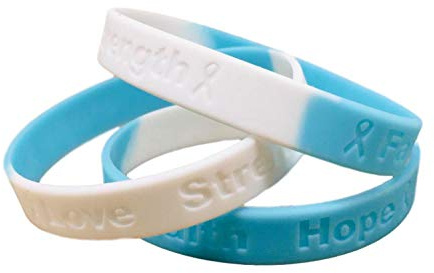 10 Light Blue and White Prostate Cancer Silicone Awareness Bracelets Love, Strength, Faith, Hope with Ribbons 10 Bracelets - 100% Medical Grade Silicone Bracelets_AB
