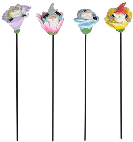 Azuma Set Of 4 Garden Gnome Plant Stakes Flower Support Resin Figure Novelty Gift 38cm
