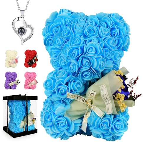 POHOMEGK Rosenbär Handmade Teddybär mit Blumen & Herz-Anhänger – Perfektes Geschenkset für Sie Weihnachten, Geburtstag, Muttertag, Valentinstag, Wohnkultur-Deko (Blau)
