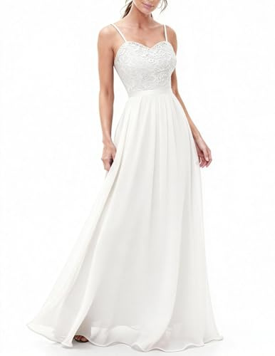 DRESSTELLS Abendkleider Elegant für Hochzeit Festlich Ballkleid Damen Lang Brautkleid Standesamt Weiß Brautjungfernkleider mit Spaghettiträger Jugendweihe Kleider White L