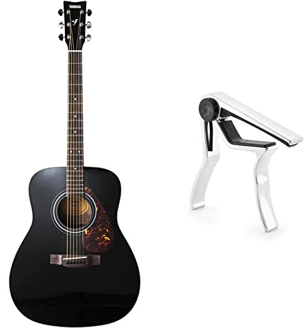 Yamaha F370 Full Size Steel String Acoustic Guitar - Traditional Western Body - Classic Black & TIGER GACAPO2 Trigger Guitar Capo - Easy to Use Universal Guitar Capo - Chrome