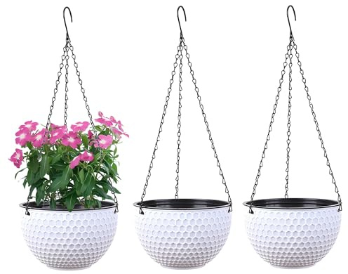 YuanDiann Juego de 3 macetas colgantes con sistema de autorriego, con depósito de agua y agujero de drenaje, con cadenas inoxidables, para interior y exterior, para balcón, decoración
