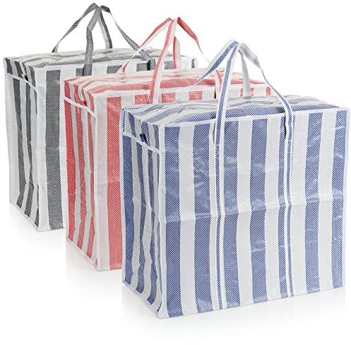 com-four® 3X Einkaufstasche Jumbo - Kunststofftaschen gestreift - XL Einkaufstüten - Strandtaschen für Badeutensilien - Shopping-Bag zum Einkaufen (rot/blau/anthrazit)
