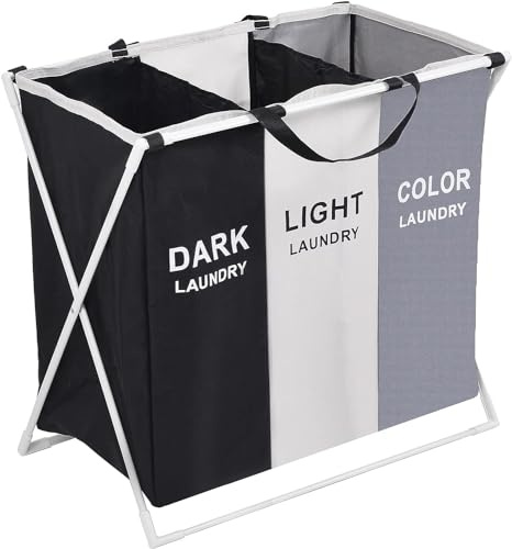 Efforias Foldable Laundry Basket 3 compartments Large Laundry Bins Collapsible Laundry Hamper with Aluminum Bracket and Carry Handles for Bedrooms Bathroom