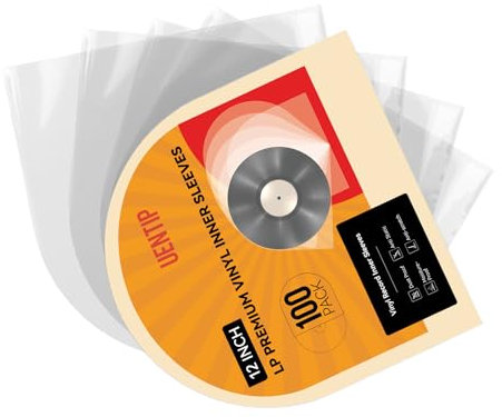 UENTIP Lot de 100 pochettes intérieures transparentes pour disques vinyles - Protège vos albums LP des rayures, de la saleté et de la poussière - Extérieur sans acide (pochettes intérieures, fond rond