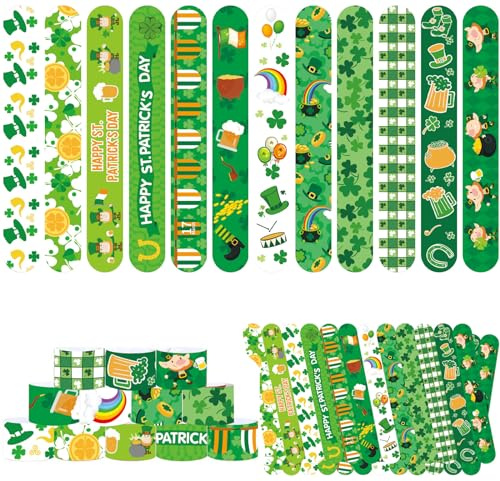 Qpout 48pcs St. Patrick’s Day Slap Bracelet Shamrock Slap Bandes Bracelets de trèfle irlandais Lucky Saint Patricks Snap Bracelets avec Shamrock Trèfle Leprechaun bière pièces pour cadeaux de fête