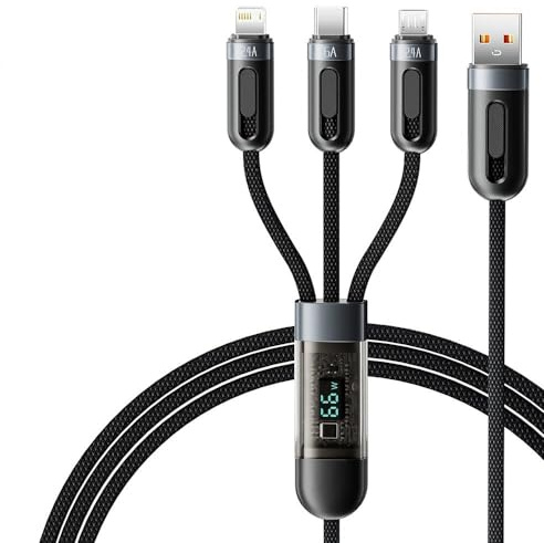 Wayzu® 3-in-1 Fast Charging Cable with LED Power Display [1.2M] – 60W PD & QC Smart Chip, Nylon Braided Multi Charger Cable (USB-C, iP & Micro USB) for iPhone, Android, Tablets & More