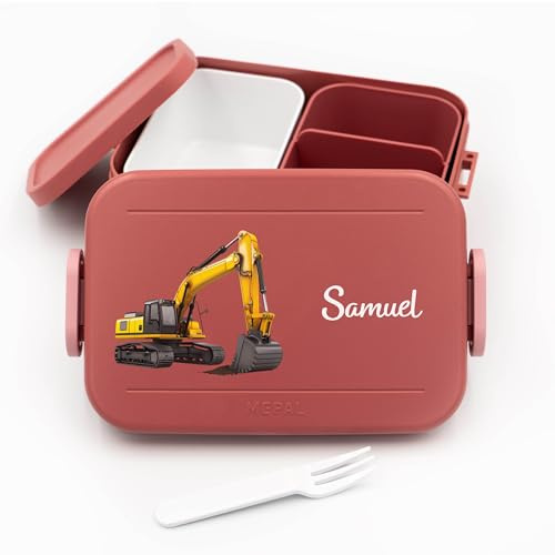 Brotdose Kinder für Mepal mit Namen - Bagger | Schule, Kindergarten, Einschulung, für Jungen, spülmaschinenfest, mit Fächern, mit Bento-Einsatz, Lunchbox Kinder, Vesperdose