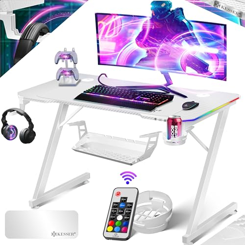 KESSER® Mesa Gaming | 120 x 60 cm | Incl. LED | Escritorio para Gamer en Forma de Z | Soporte para Auriculares | Mesa ergonómica para Ordenador | Incl. Alfombrilla de ratón y Soporte
