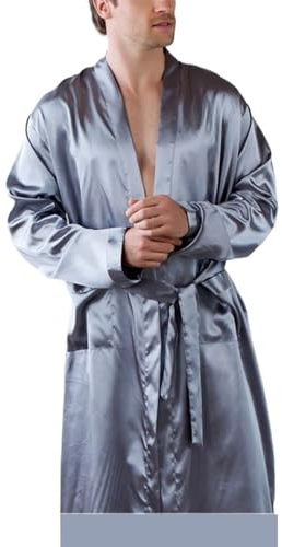 DUNSBY Satin badrock herr satin badrockar morgonrockar casual nattkläder badrock, Grå, 3XL