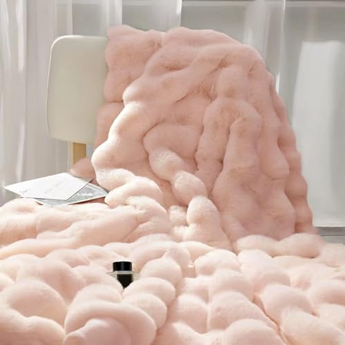 Coperta oversize super confortevole, calda e spessa in peluche di coniglio, in finta pelliccia, 130 x 160 cm, morbida e accogliente, per divano, sedia, letto, divano (rosa con fiori di ciliegio)