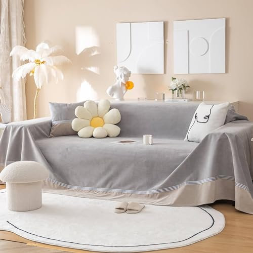 Epinki Sofaüberwurf, 200x380CM Sofahusse 4 Sitzer Zweifarbig mit Gestreifter Rand Muster, rutschfeste Sofaüberwurf Hund aus Polyester Möbelschutz-Sofabezüge, Grau
