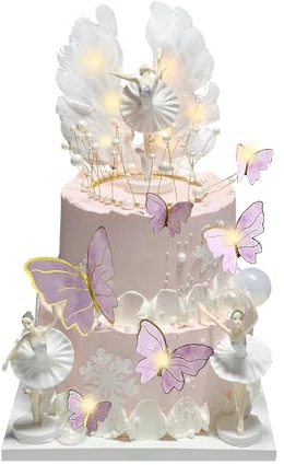GZGXKJ 5 Stück Ballerina Tortendeko Ballerina Deko Tortendeko Mädchen Kronen Engelsflügel Schmetterling Geburtstag Dekoration, Enthält 20 Schmetterlinge und 1 Lichterkette