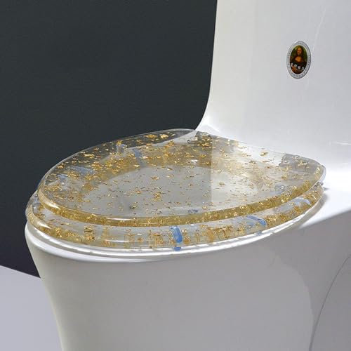 Abattant WC en résine transparente à paillettes argentées à fermeture douce – Charnière réglable – Paillettes scintillantes – 36,5 x 44 cm – Feuille d'argent – Décoration de salle de bain