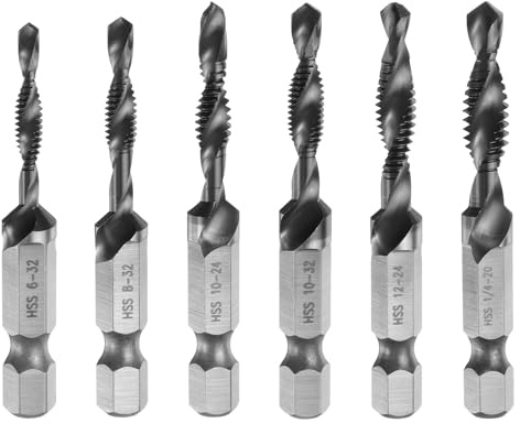 sourcing map 6pcs Combination Drill and Tap Bit Set, SAE 6-32NC to 1/4-20NC Thread 1/4 Hex Shank, TiCN Coated Threading Screw Taps Spiral Flute Tapping Tool, High Speed Steel (HSS) 4341