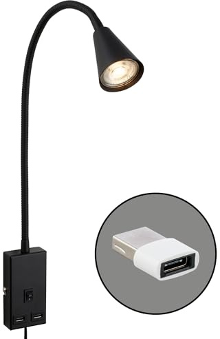 BRILONER - Leselampe mit USB Port, Ein/Aus-Schalter, schwenkbar, Stecker, Wandleuchte Innen, Wandlampe, Bettlampe, Lampe Bett, Leselicht, Nachttischlampe, 50 cm hoch, Schwarz