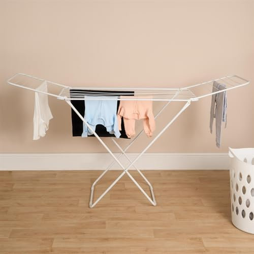 OHS Foldable Clothing Drying Rack 18m Stainless Steel, Winged Heavy Duty Space Saving Indoor Clothes Drying Airer Rack Durable & Rust-Resistant Ideal for Home - White One Size