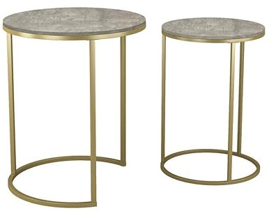 URBNLIVING 2 Pcs Round Nesting Stacking Sofa Side Bedside End Tables Set Concrete Wooden Top with Gold Metal Legs Modern Space Saving Accent Coffee Tea for Living Room Bedroom Office
