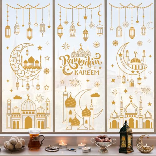 162 Stücke Ramadan Fensteraufkleber, Eid Mubarak Stickers Fensterdeko, Ramadan Kareem Aufkleber Fenster Deko, Ramazan Fensterbilder Selbstklebend Al-Fitr Dekoration für Islam Muslim Halbmond