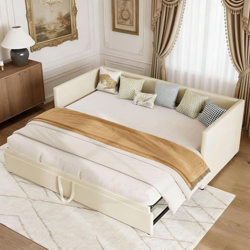 PerGar Utdragbar dagsäng, bäddsoffa, 90/180 x 200 cm, enkelsäng/dubbelsäng, funktionell säng, säng med ribbotten, hudvänligt sammetstyg, sängram, utan madrass (beige)