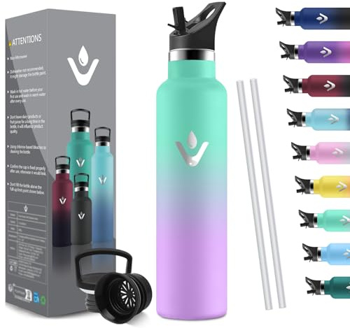 HoneyHolly Bouteille Isotherme 1L, étanche sans BPA, Gourde Isotherme, Double Paroi, Bouteille, 18/8 Acier Inoxydable, Gourde INOX, avec Paille, Termos pour Sport, Randonnée, École, Bureau