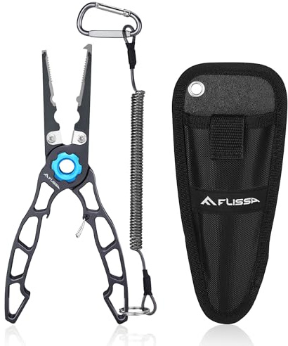 FLISSA Alicates de Pesca con Cabezal de Titanio y Cuchillas de Carburo, Tijeras para Pescar Ultraligeros, con Correa Antipérdida y Funda Oxford, Ideal para Pesca en Barco, Kayak y Ribera