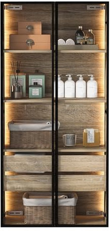 Generisch Vetrina in vetro con 3 partizioni regolabili in altezza, vetrina in vetro con illuminazione a LED, armadietto da bagno con 1 cassetto grande e 1 ante, porta in vetro, larghezza 75 cm