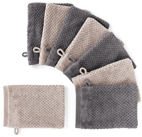 Pure Label Waschhandschuhe 8-TLG 8x16x21, Anthrazit | Stein | weich, saugstark, 100% Baumwolle & OEKO-TEX, mit Schlaufe