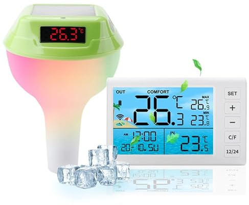 Pool Funkthermometer & Funk Empfänger,IPX8 Wasserdichtigkeit badethermometer, Poolthermometer Schwimmend mit RGB Farbwechsel LED poolbeleuchtung,Schwimmbadthermometer für Pool, Whirlpool und Aquarium