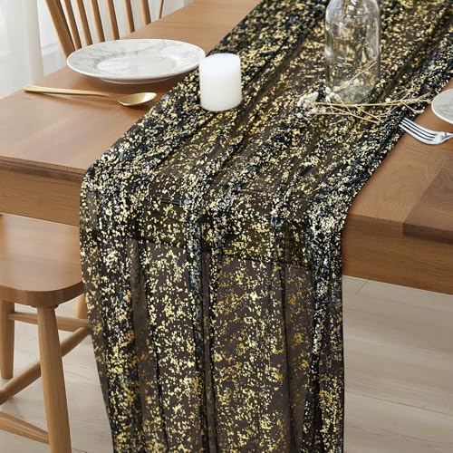 Tischläufer Spitze, 70 x 300cm Table Runner mit Glitzer Aluminiumfolie, Elegant Tischdecke Spitze, Läufer Tisch Spitzen Tüllstoff für Partys, Bankett, Hochzeiten, DIY Kreativität (Schwarz)