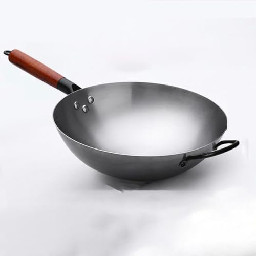 AIJUSSS Wok de acero al carbono con mango de madera, sartén antiadherente for saltear, sin revestimiento, diseño de fondo redondo seguro for parrilla de cocina.(38cm)