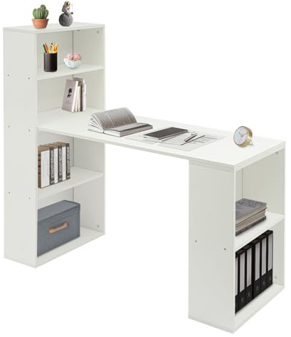 RUETERY Schreibtisch mit Stauraum, Computertisch mit Regalen mit Offene Ablageflächen, Bürotisch Weiß für Schlafzimmer Arbeitszimmer, 52.4x120x120 cm