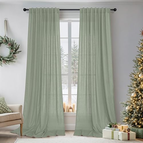 Sage Green 108-Inch Long Curtains for Living Room & Dining - 2 Panels Set, Back Tab Pocket Drapes, Light Filtering Semi-Privacy, Pale Green Bedroom & Patio Door Decor, 52x108 Olive