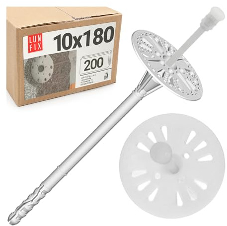 LUN FIX Tasselli Isolanti 10 x 180 mm (200 Pezzi) – Tasselli a Percussione WDVS per Polistirolo EPS, Fissaggio Facciate, Muratura, Calcestruzzo Cavo e Blocchi di Cemento, Materiali in Plastica