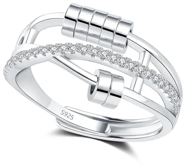 Bewenda Silber Anxiety Ring für Damen, 925 Sterling Silber Angst Ring mit Perlen Zirconia, Flexibel Verstellbar Anti Stressring, Unendlichkeit Spinner Fidget Ringe, Unisex Stimmungsring gegen Stress