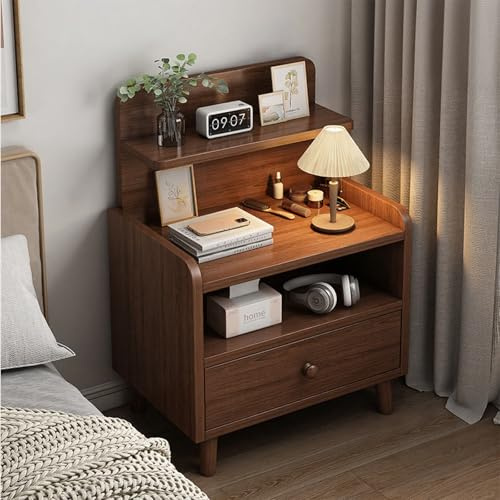 Moderna mesita de noche de nogal de 4 niveles con cajones de almacenamiento y separadores abiertos, elegante mesita de noche para dormitorio, sala de estar, estudio, patas de madera, 1 cajón, diseño